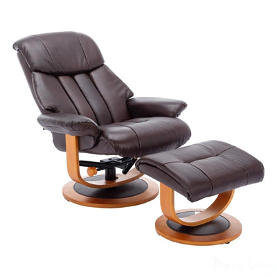 Hereford Genuine Leather Chestnut Brown Swivel Reclining Chair & Footstool - Refurbished Morris Living