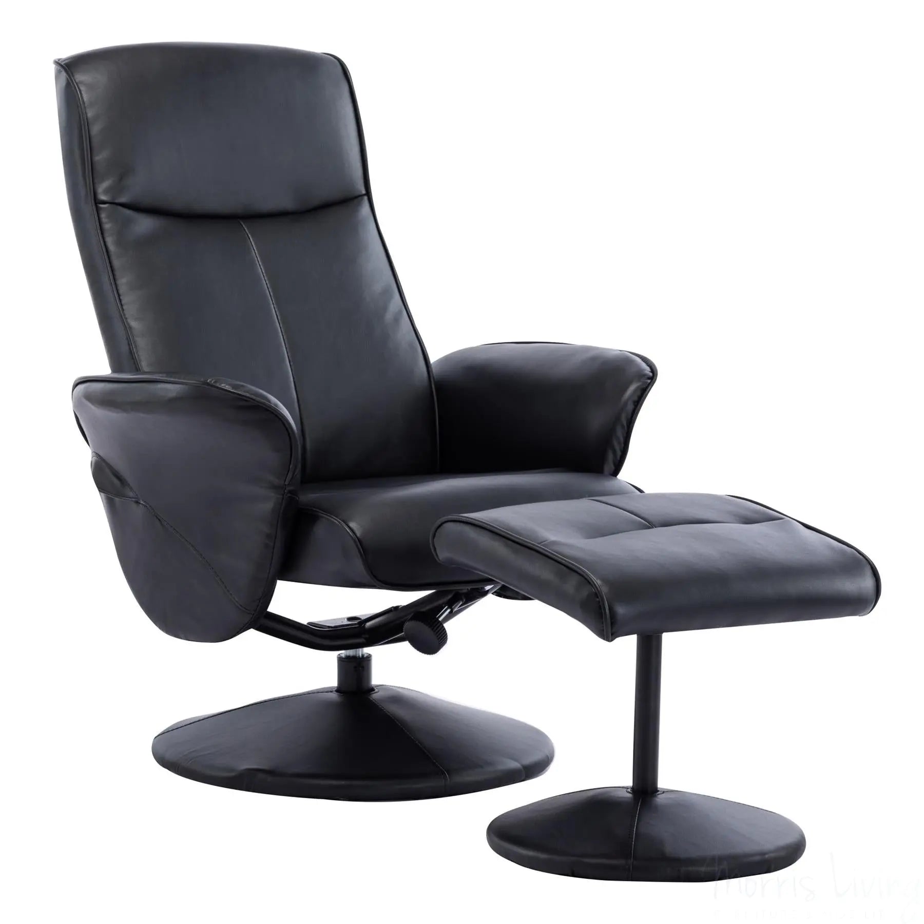 Memphis Swivel Recliner Chair & Footstool in Black Faux Leather Morris Living