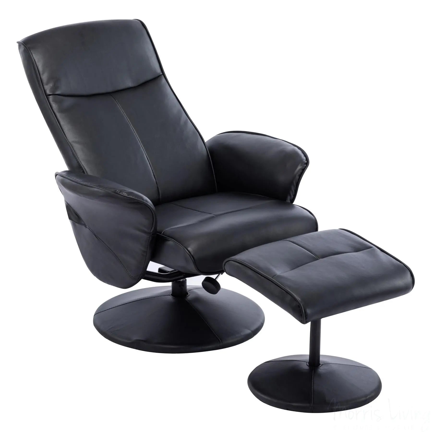 Memphis Swivel Recliner Chair & Footstool in Black Faux Leather Morris Living