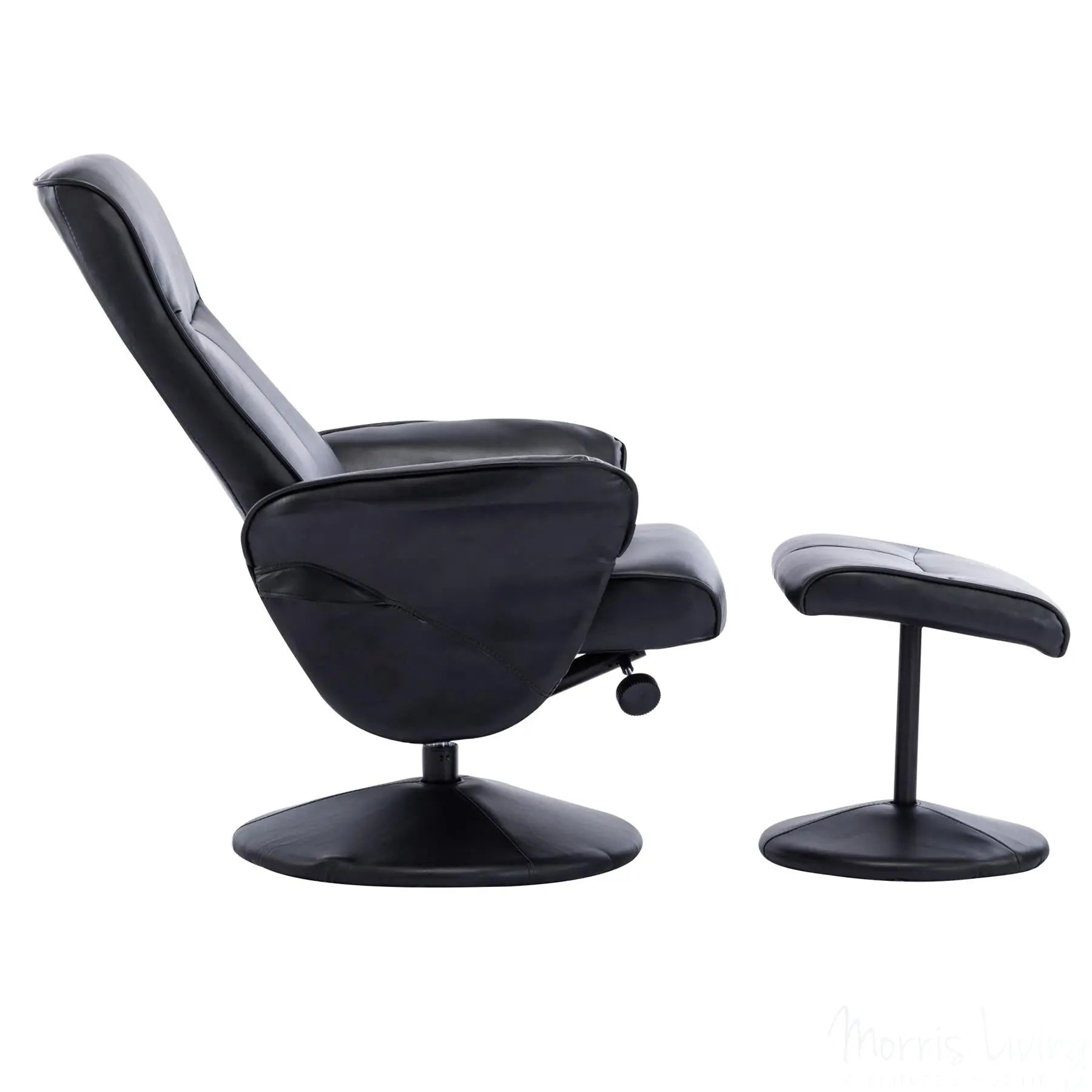 Memphis Swivel Recliner Chair & Footstool in Black Faux Leather Morris Living