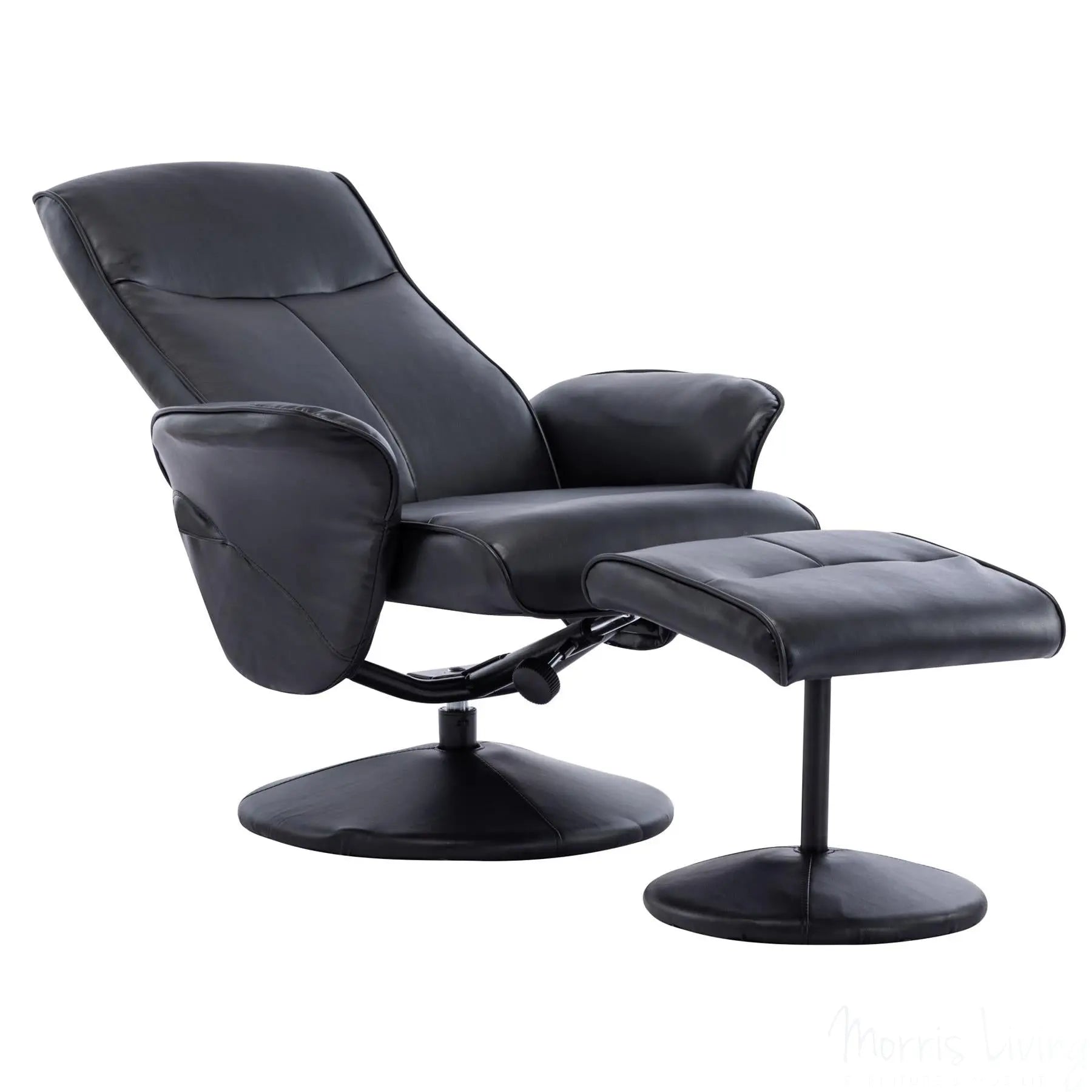 Memphis Swivel Recliner Chair & Footstool in Black Faux Leather Morris Living