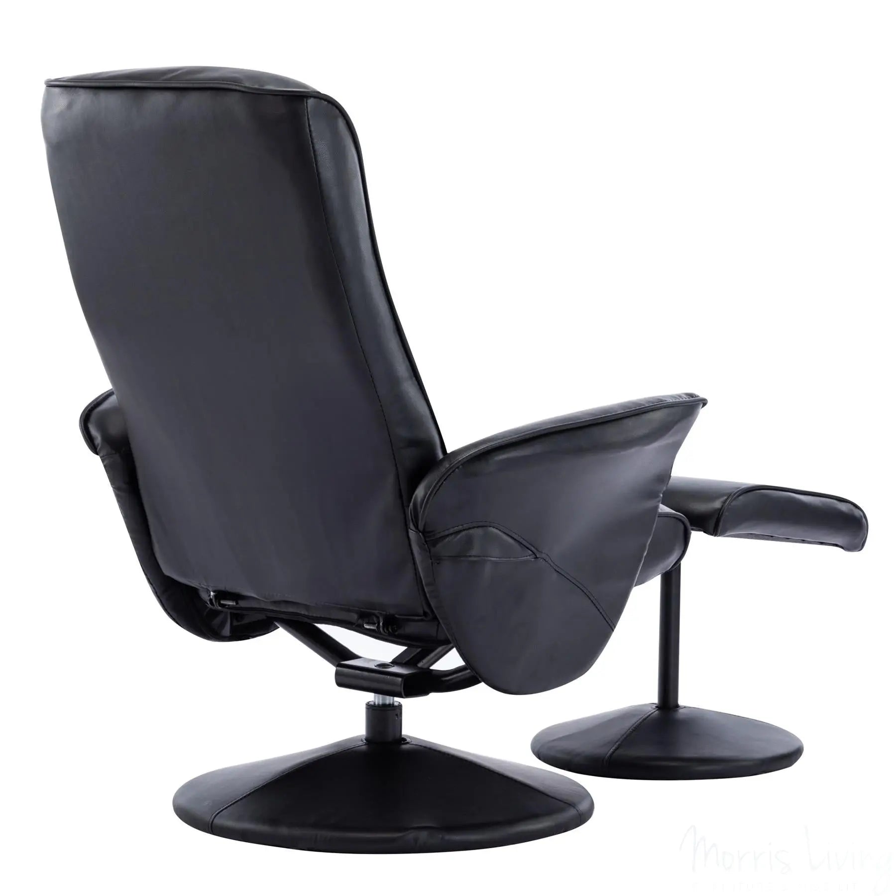 Memphis Swivel Recliner Chair & Footstool in Black Faux Leather Morris Living