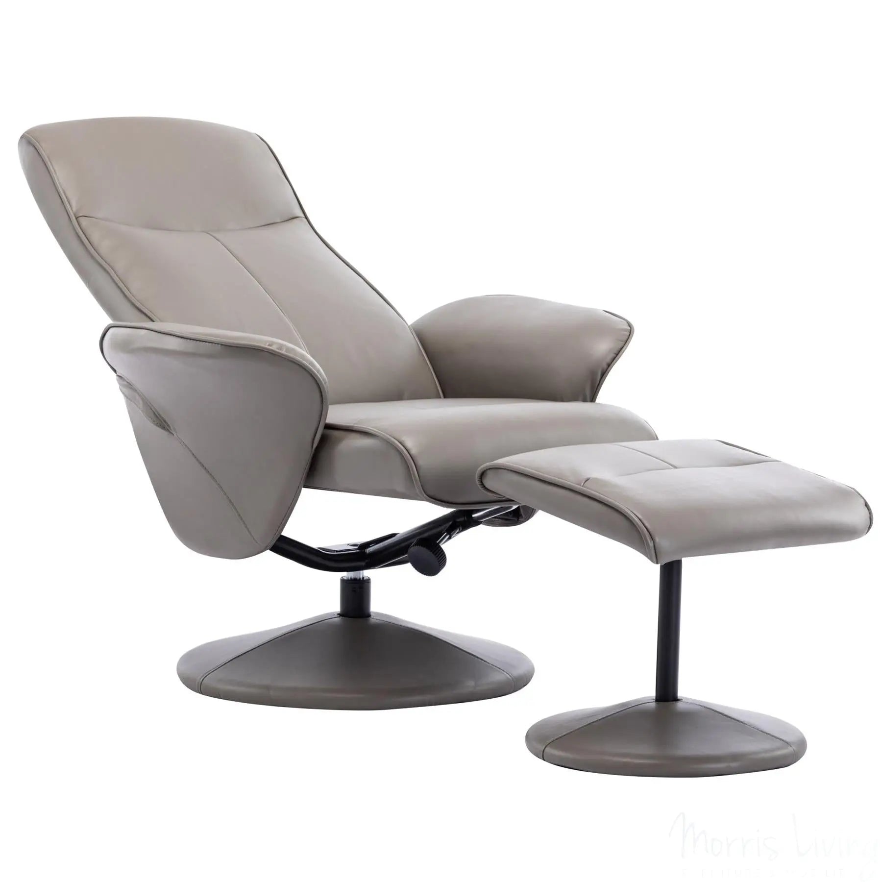Memphis Swivel Recliner Chair & Footstool in Grey Faux Leather Refurbished Morris Living