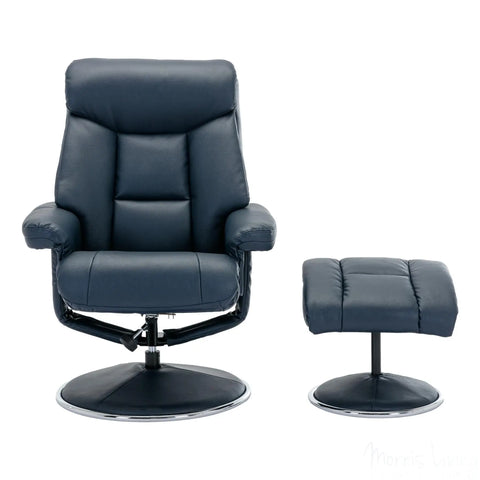 The Biarritz - Swivel Recliner Chair & Matching Footstool in Navy Plush Faux Leather Morris Living - image 2