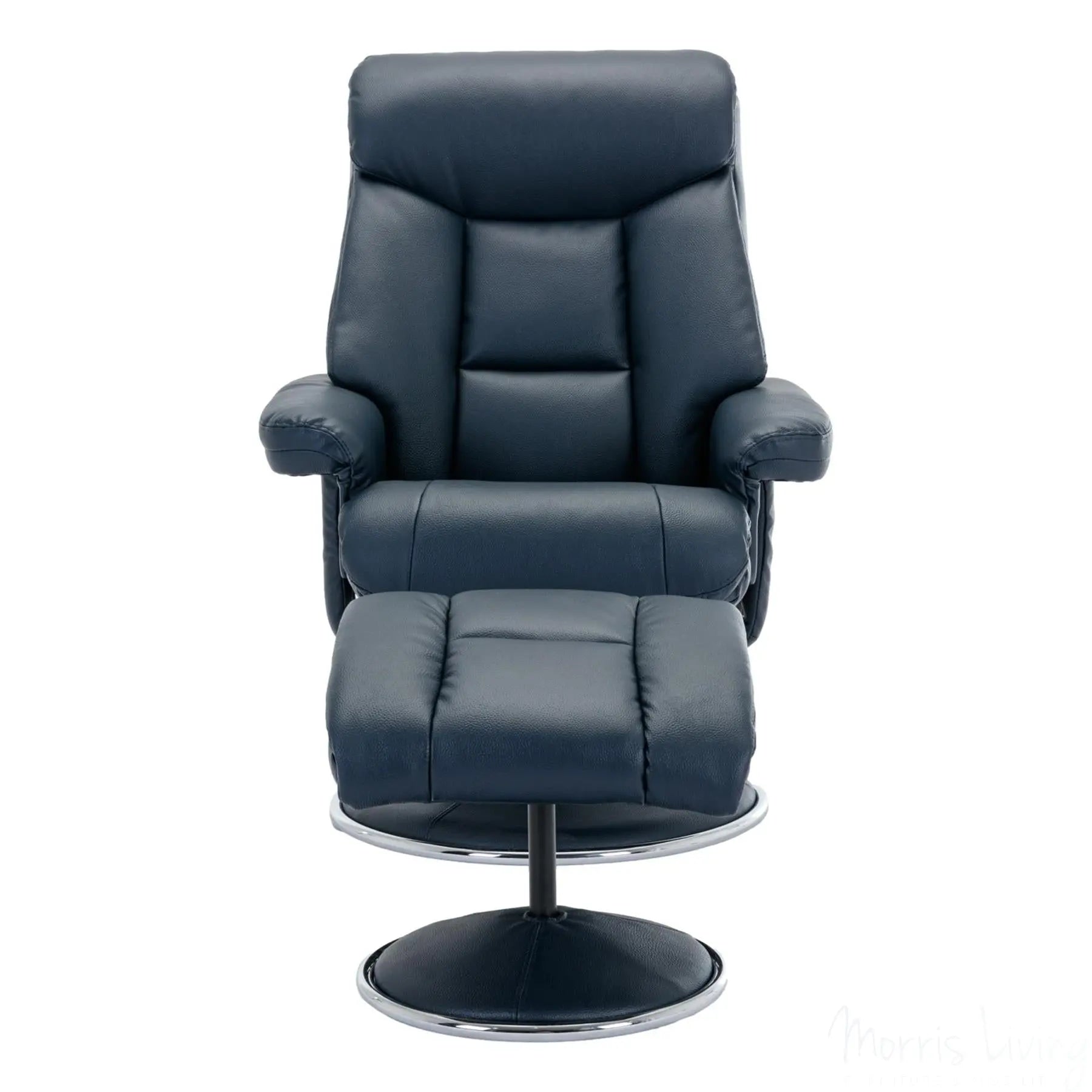 The Biarritz - Swivel Recliner Chair & Matching Footstool in Navy Plush Faux Leather Morris Living
