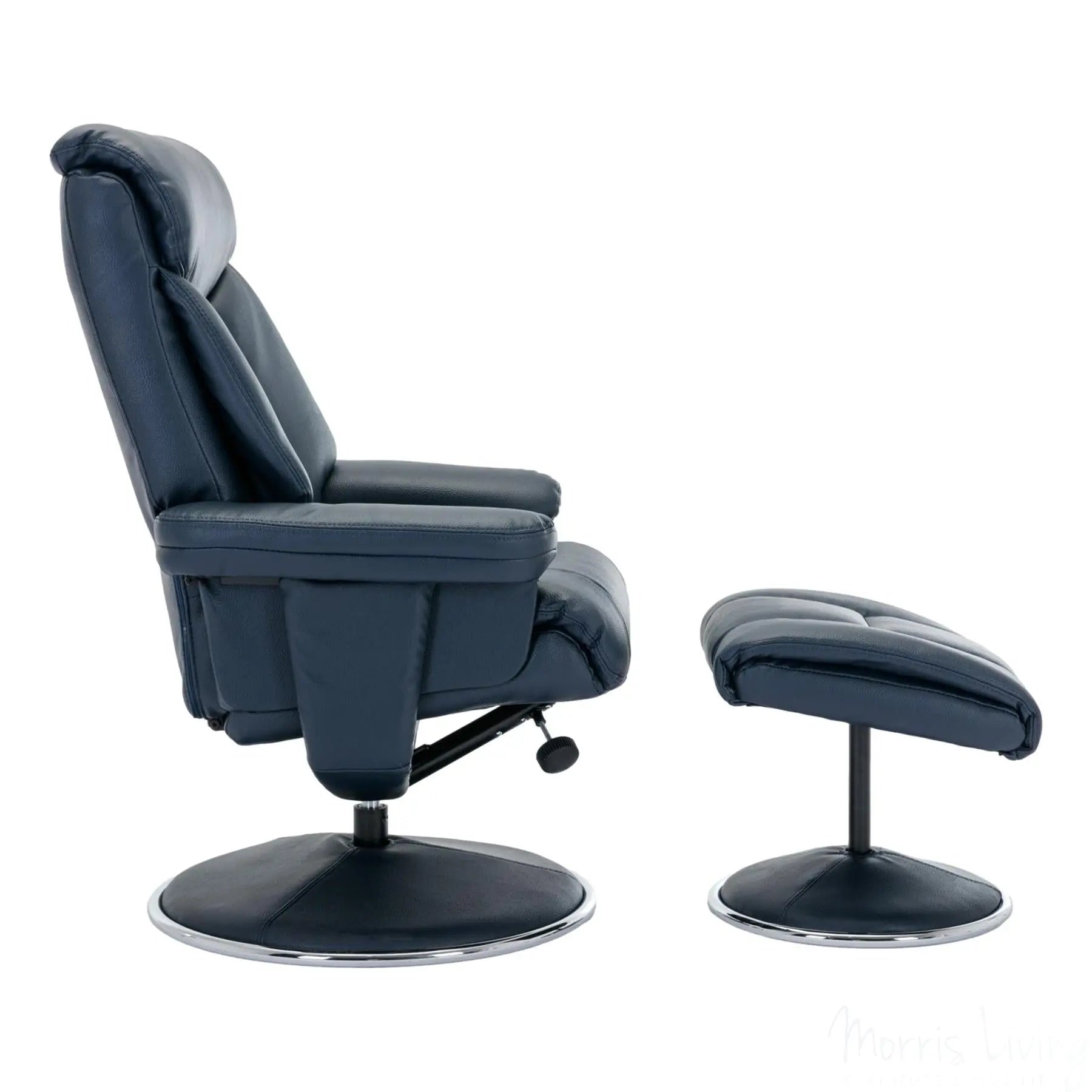 The Biarritz - Swivel Recliner Chair & Matching Footstool in Navy Plush Faux Leather Morris Living