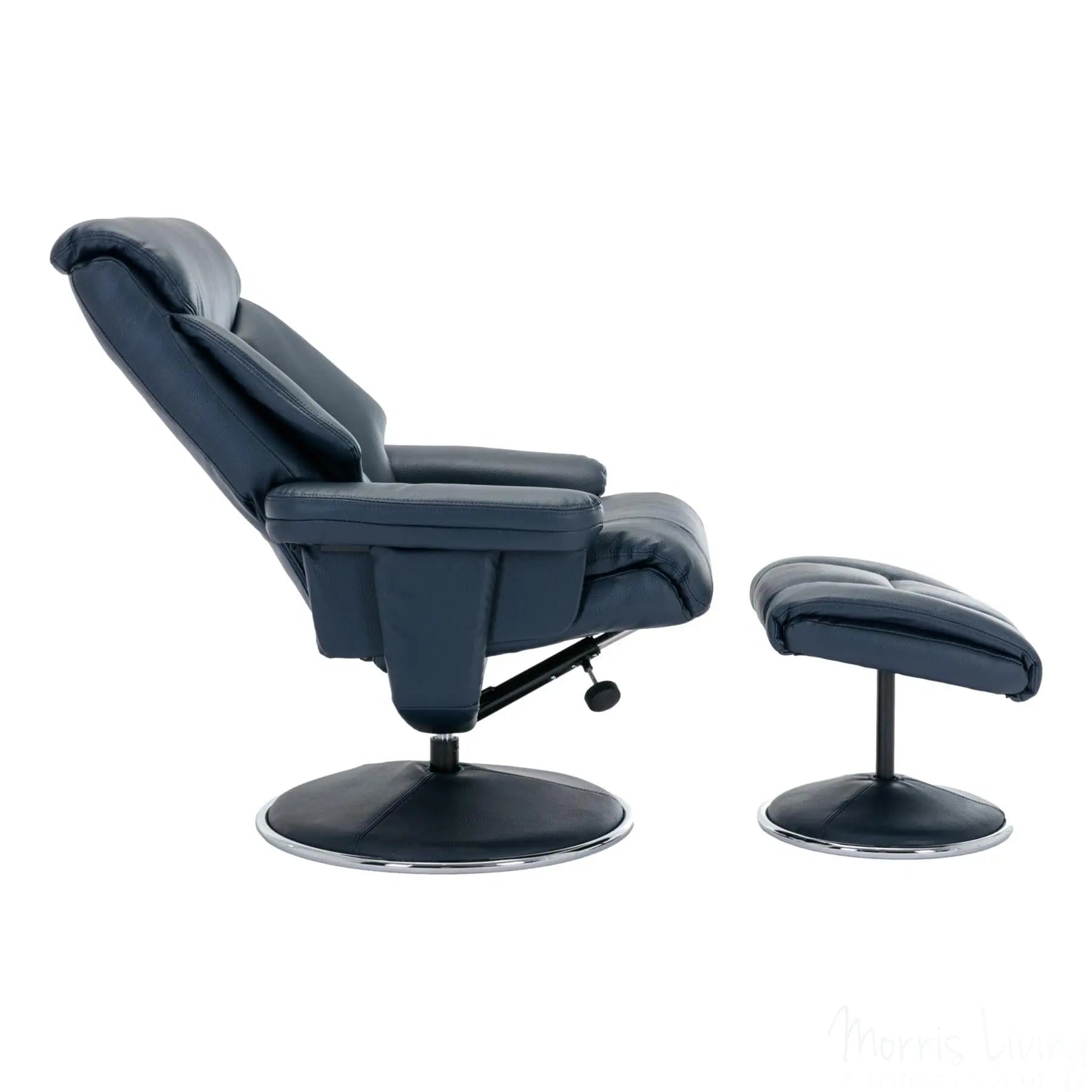 The Biarritz - Swivel Recliner Chair & Matching Footstool in Navy Plush Faux Leather Morris Living
