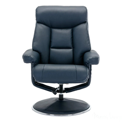 The Biarritz - Swivel Recliner Chair & Matching Footstool in Navy Plush Faux Leather Morris Living