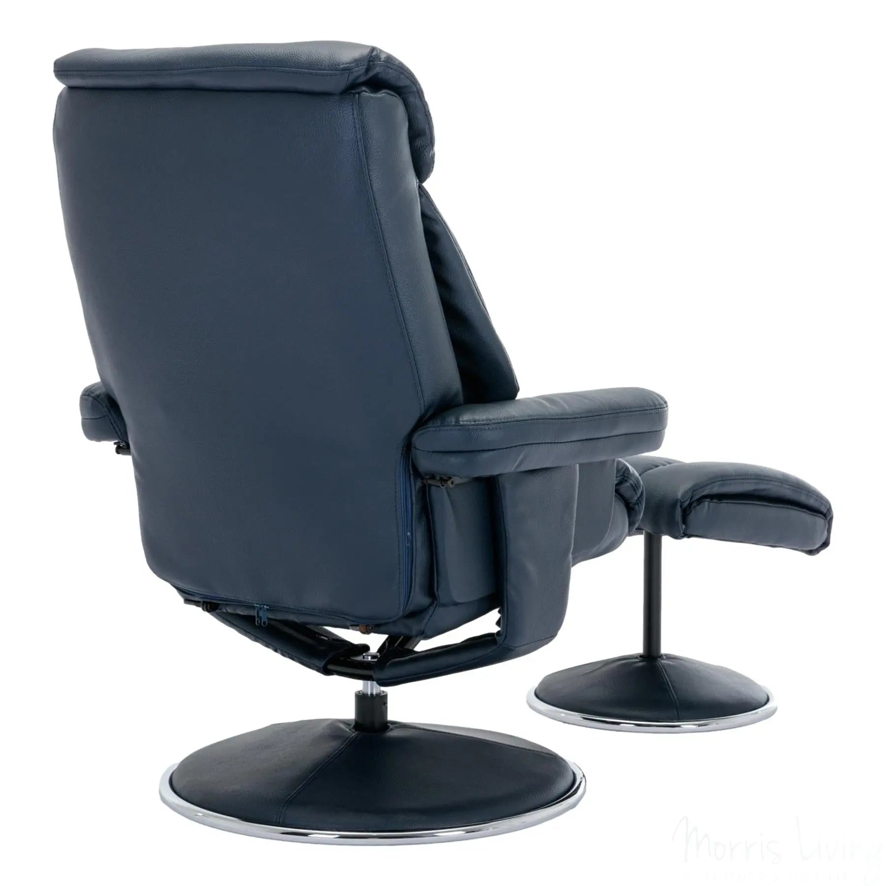 The Biarritz - Swivel Recliner Chair & Matching Footstool in Navy Plush Faux Leather Morris Living