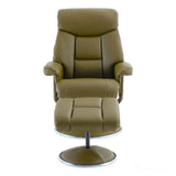 The Biarritz - Swivel Recliner Chair & Matching Footstool in Olive Green Plush Faux Leather Morris Living