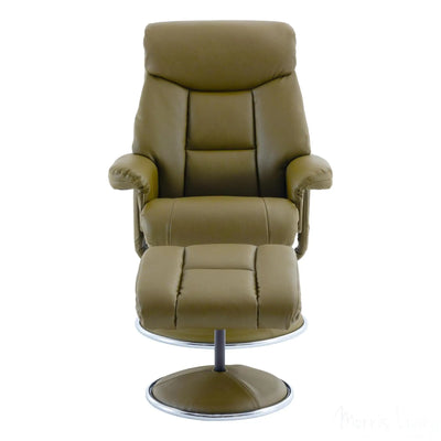 The Biarritz - Swivel Recliner Chair & Matching Footstool in Olive Green Plush Faux Leather Morris Living