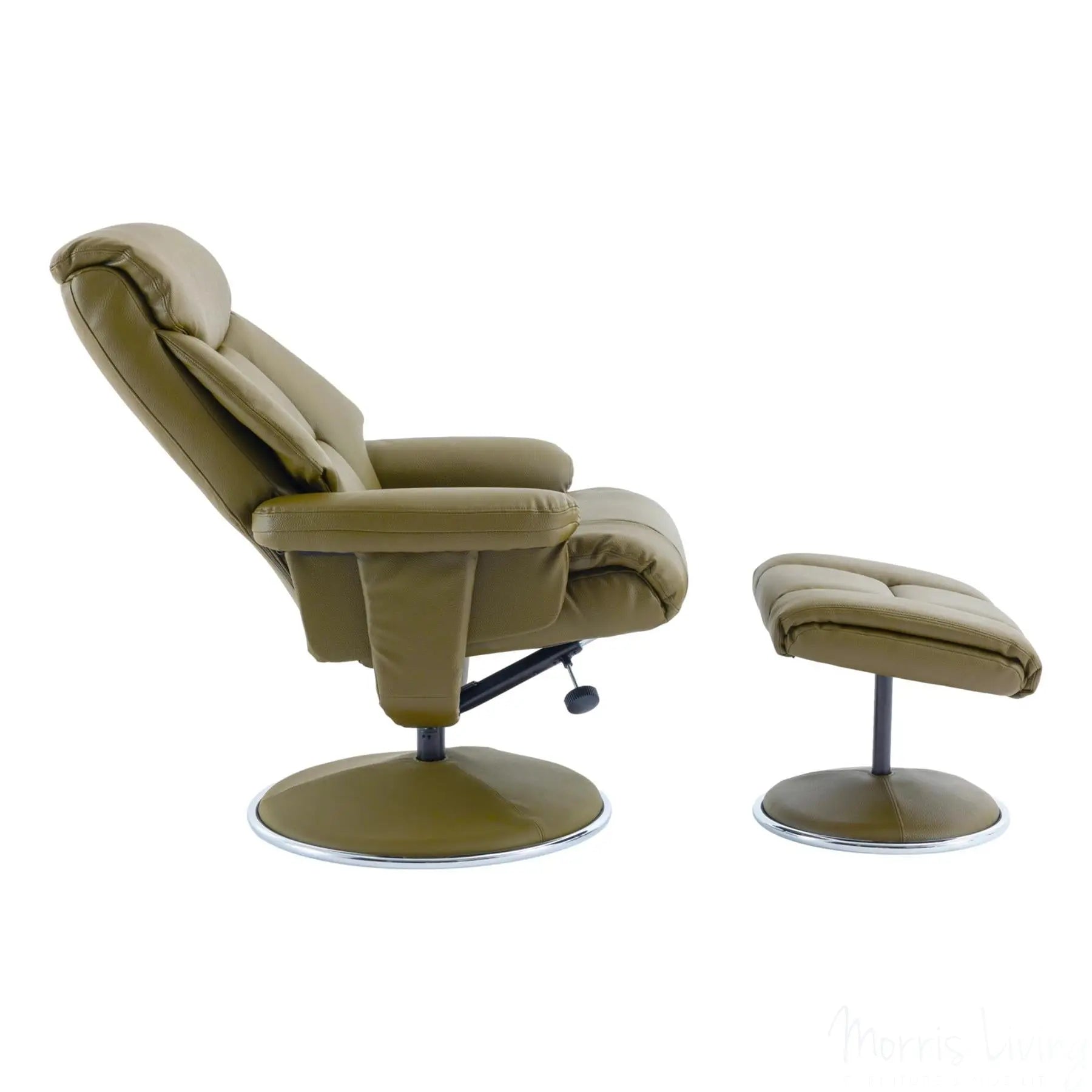 The Biarritz - Swivel Recliner Chair & Matching Footstool in Olive Green Plush Faux Leather Morris Living