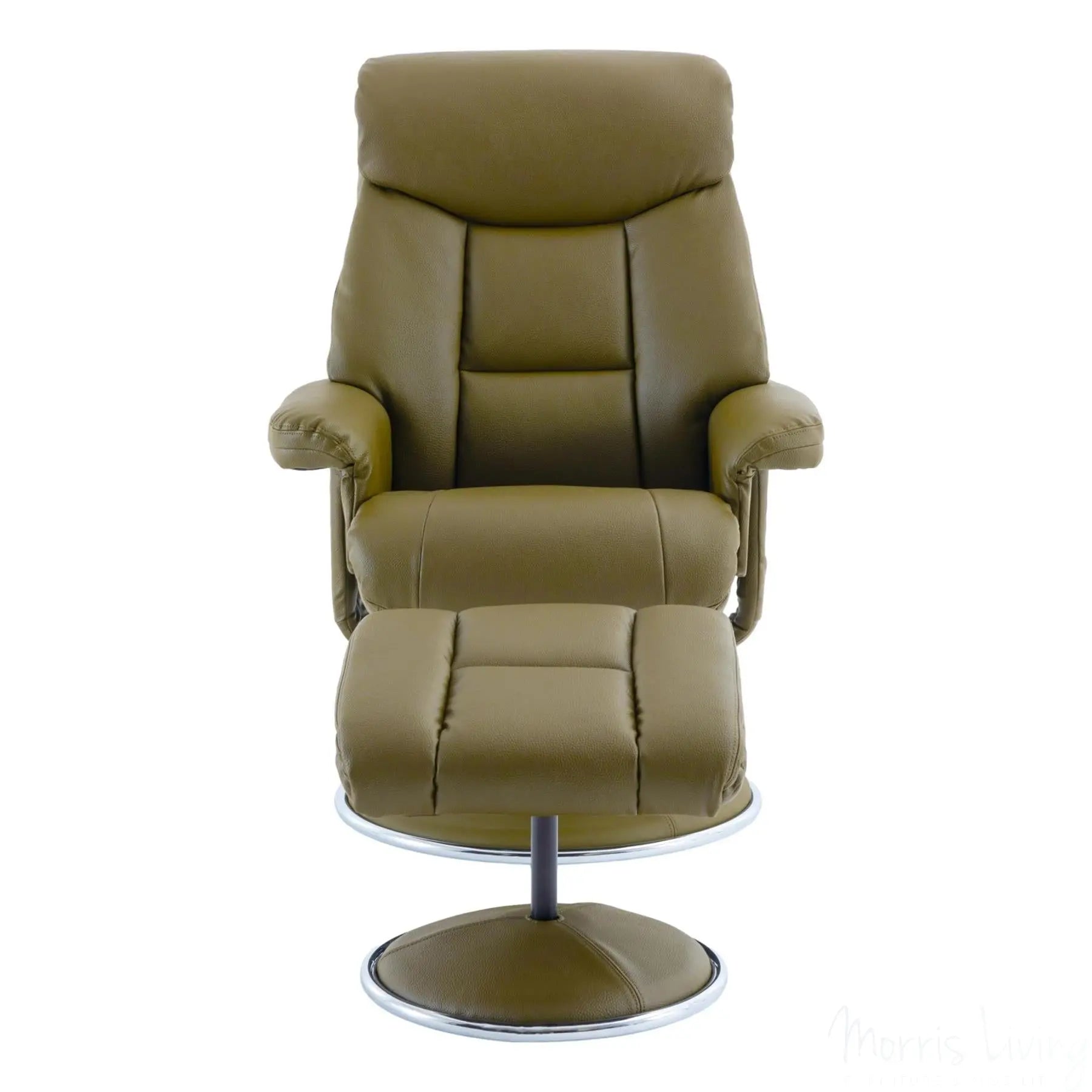 The Biarritz - Swivel Recliner Chair & Matching Footstool in Olive Green Plush Faux Leather Morris Living