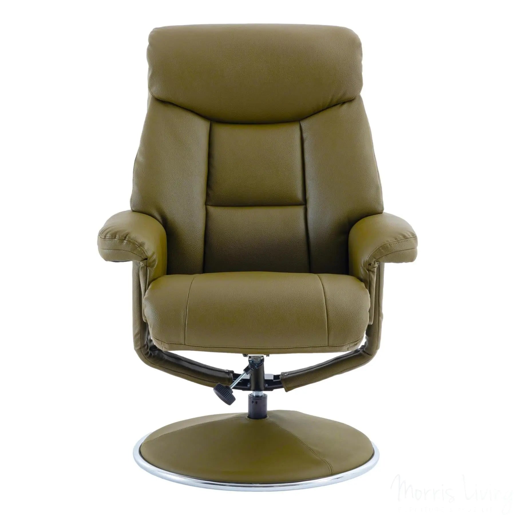 The Biarritz - Swivel Recliner Chair & Matching Footstool in Olive Green Plush Faux Leather Morris Living