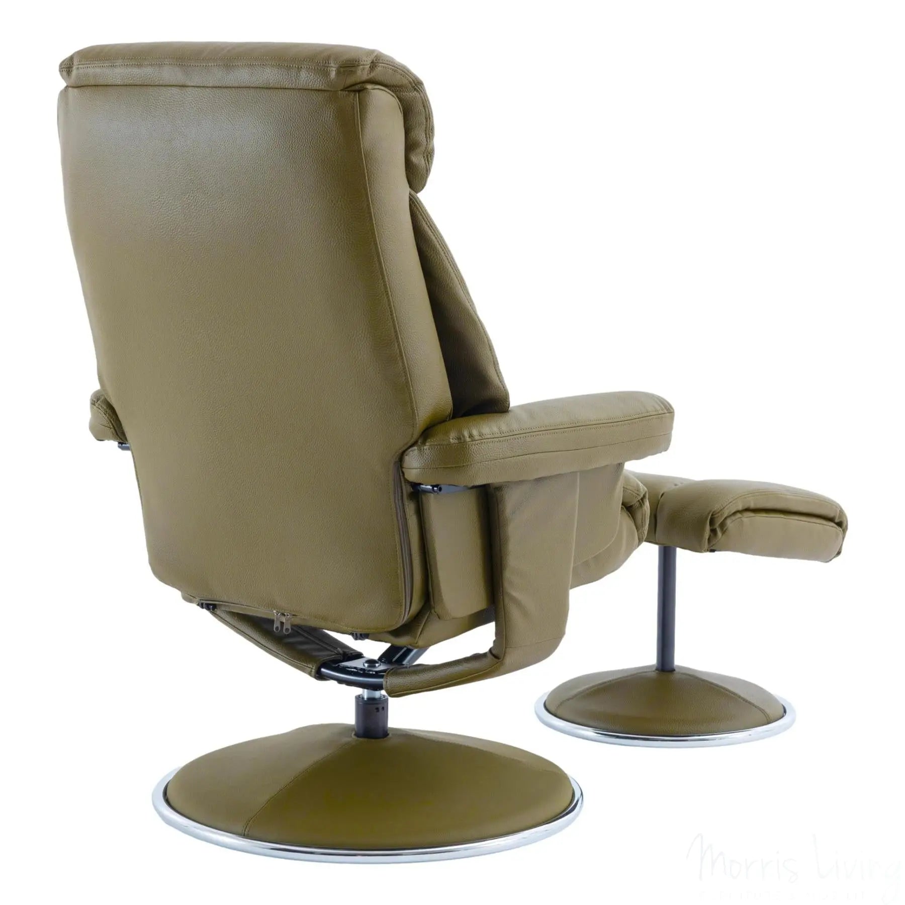 The Biarritz - Swivel Recliner Chair & Matching Footstool in Olive Green Plush Faux Leather Morris Living