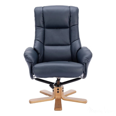 The Cairo - Swivel Recliner Chair & Matching Footstool in Navy Blue Faux Leather Morris Living