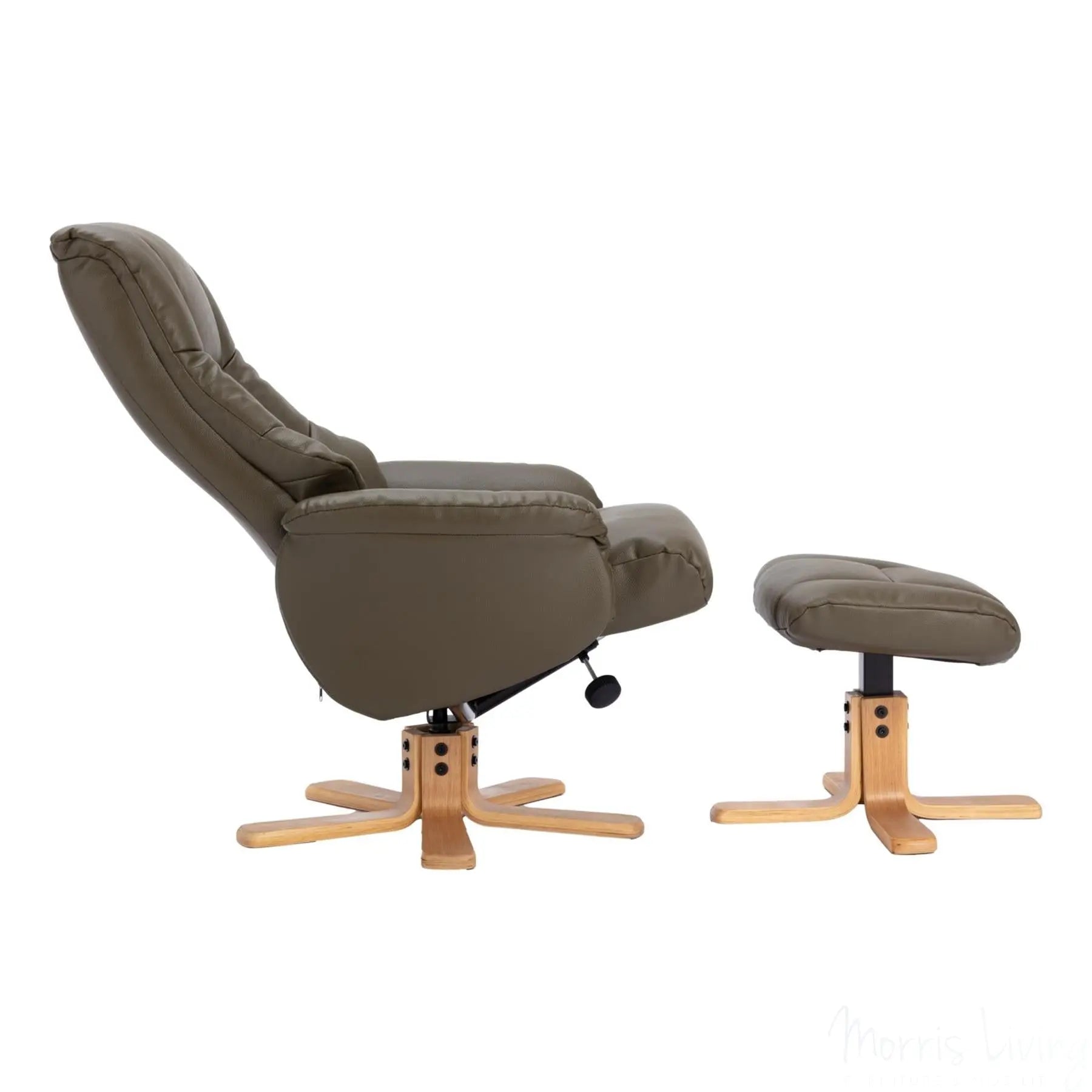 The Cairo - Swivel Recliner Chair & Matching Footstool in Olive Green Faux Leather Morris Living