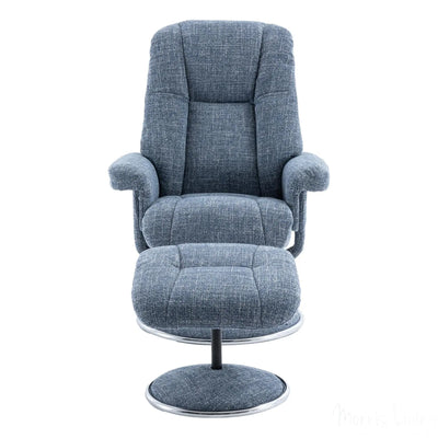 The Denver - Swivel Recliner Chair & Matching Footstool in Cha Cha Ocean Fabric Morris Living