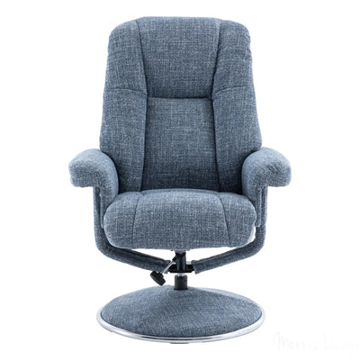 The Denver - Swivel Recliner Chair & Matching Footstool in Cha Cha Ocean Fabric Morris Living