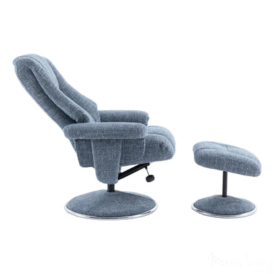 The Denver - Swivel Recliner Chair & Matching Footstool in Cha Cha Ocean Fabric Morris Living