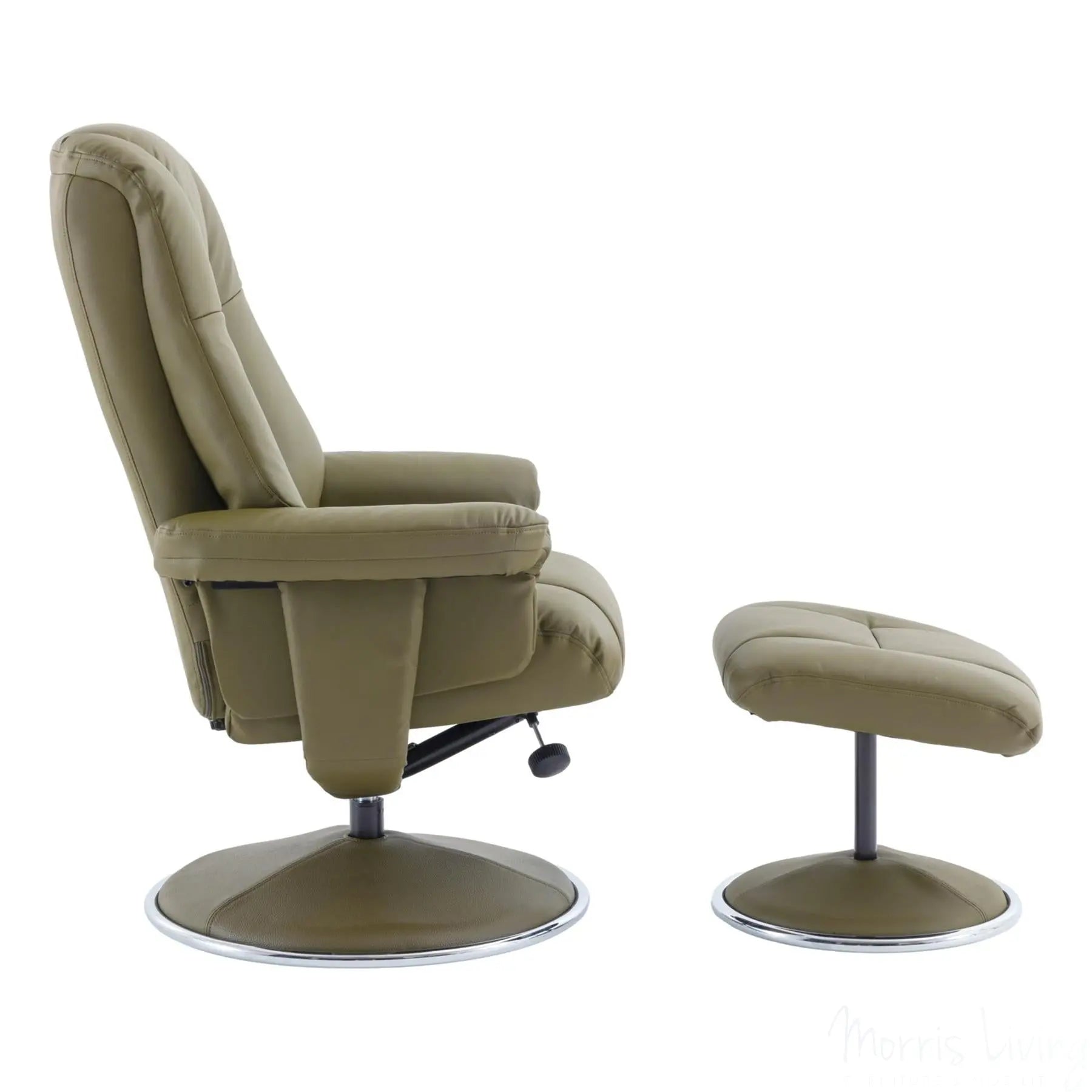The Denver - Swivel Recliner Chair & Matching Footstool in Olive Green Genuine Leather Match Morris Living