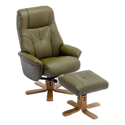 The Dubai - Swivel Recliner Chair & Matching Footstool in Olive Green Plush Faux Leather Morris Living