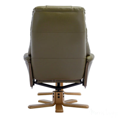 The Dubai - Swivel Recliner Chair & Matching Footstool in Olive Green Plush Faux Leather Morris Living