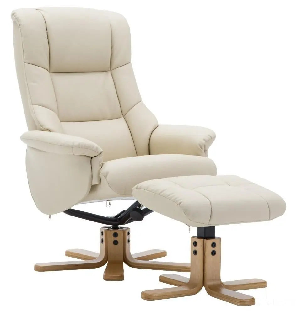 The Florence, Swivel Recliner Chair & Footstool in Cream PU Faux Leather GFA