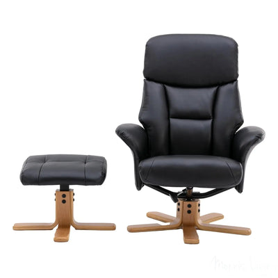 The Giza - Faux Leather Swivel Recliner Chair & Footstool in Black - Refurbished Morris Living