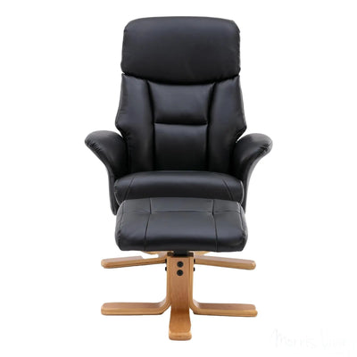 The Giza - Faux Leather Swivel Recliner Chair & Footstool in Black - Refurbished Morris Living