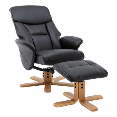The Giza - Faux Leather Swivel Recliner Chair & Footstool in Black - Refurbished Morris Living