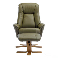 The Hawaii - Swivel Recliner Chair & Matching Footstool in Olive Green Genuine Leather Morris Living
