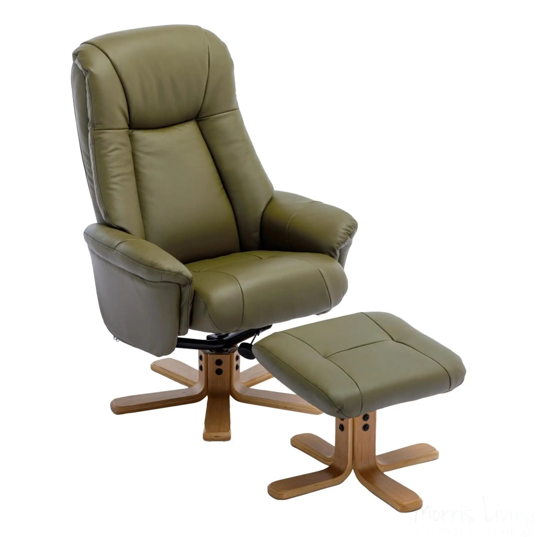 The Hawaii - Swivel Recliner Chair & Matching Footstool in Olive Green Genuine Leather Morris Living