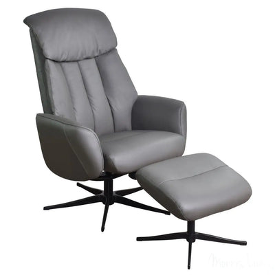 The Indiana Swivel Recliner Chair in Charcoal Genuine Leather and Black base. Morris Living