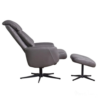 The Indiana Swivel Recliner Chair in Charcoal Genuine Leather and Black base. Morris Living