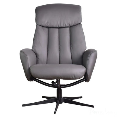 The Indiana Swivel Recliner Chair in Charcoal Genuine Leather and Black base. Morris Living