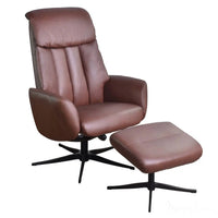 The Indiana Swivel Recliner Chair in Chestnut Genuine Leather and Black base. Morris Living