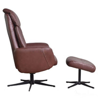 The Indiana Swivel Recliner Chair in Chestnut Genuine Leather and Black base. Morris Living
