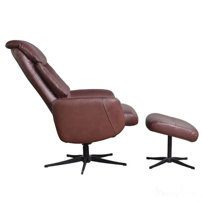 The Indiana Swivel Recliner Chair in Chestnut Genuine Leather and Black base. Morris Living