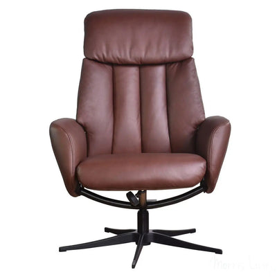 The Indiana Swivel Recliner Chair in Chestnut Genuine Leather and Black base. Morris Living