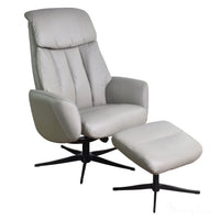 The Indiana Swivel Recliner Chair in Husky Genuine Leather and Black base. Morris Living