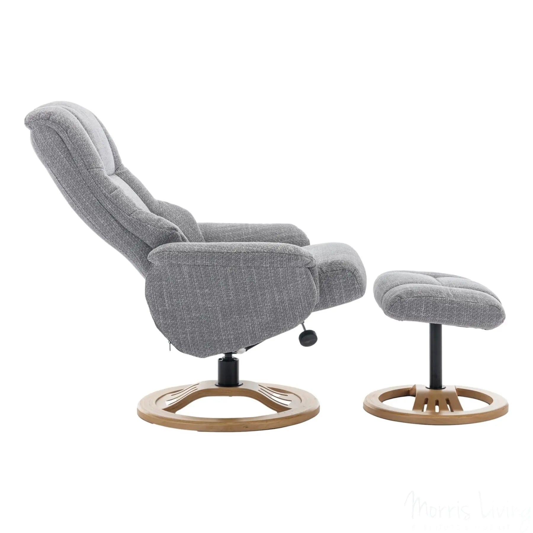 The Mandalay Swivel Recliner Chair & Footstool in ChaCha Dove Grey Fabric Morris Living