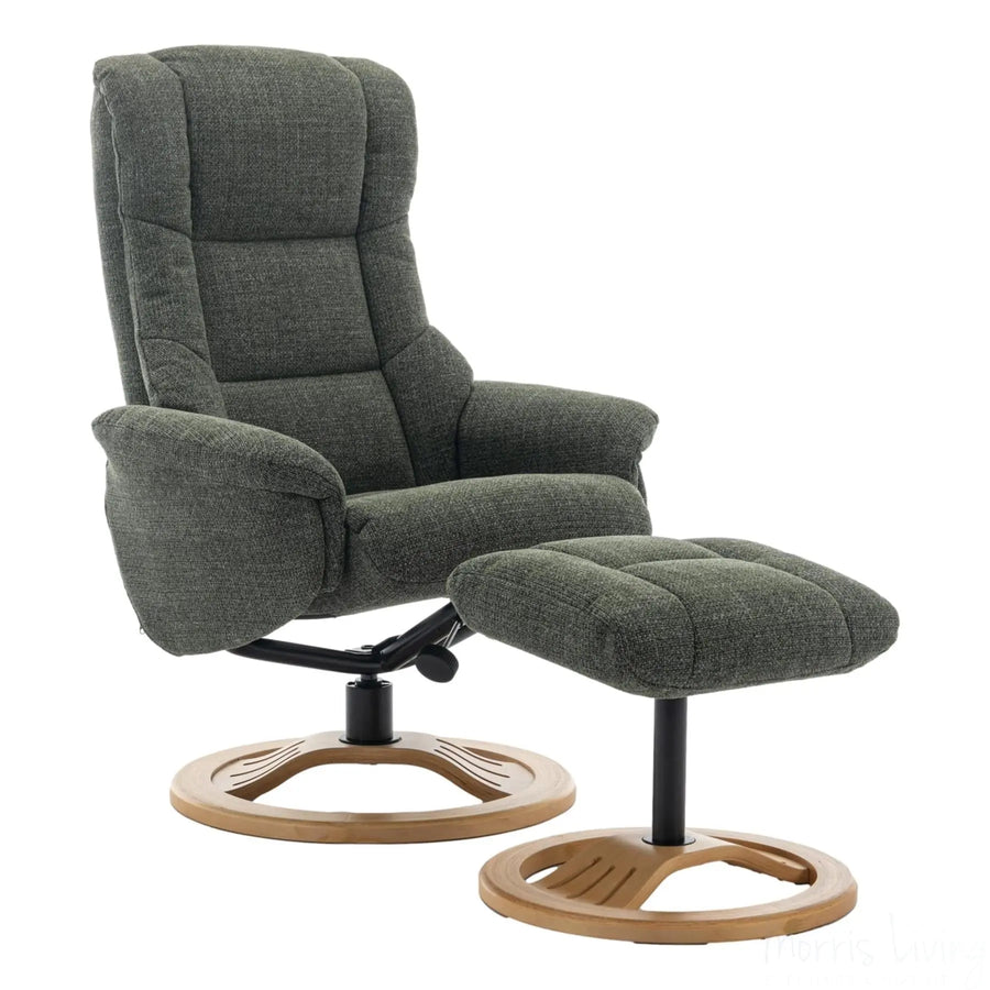 The Mandalay Swivel Recliner Chair & Footstool in ChaCha Fern Green Fabric Morris Living