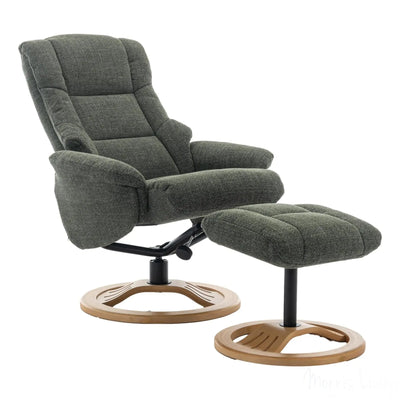 The Mandalay Swivel Recliner Chair & Footstool in ChaCha Fern Green Fabric Morris Living