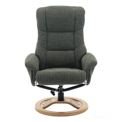 The Mandalay Swivel Recliner Chair & Footstool in ChaCha Fern Green Fabric Morris Living