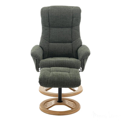 The Mandalay Swivel Recliner Chair & Footstool in ChaCha Fern Green Fabric Morris Living