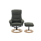 The Mandalay Swivel Recliner Chair & Footstool in ChaCha Fern Green Fabric - Refurbished Morris Living