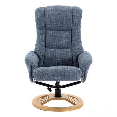 The Mandalay Swivel Recliner Chair & Footstool in ChaCha Ocean Blue Fabric Morris Living