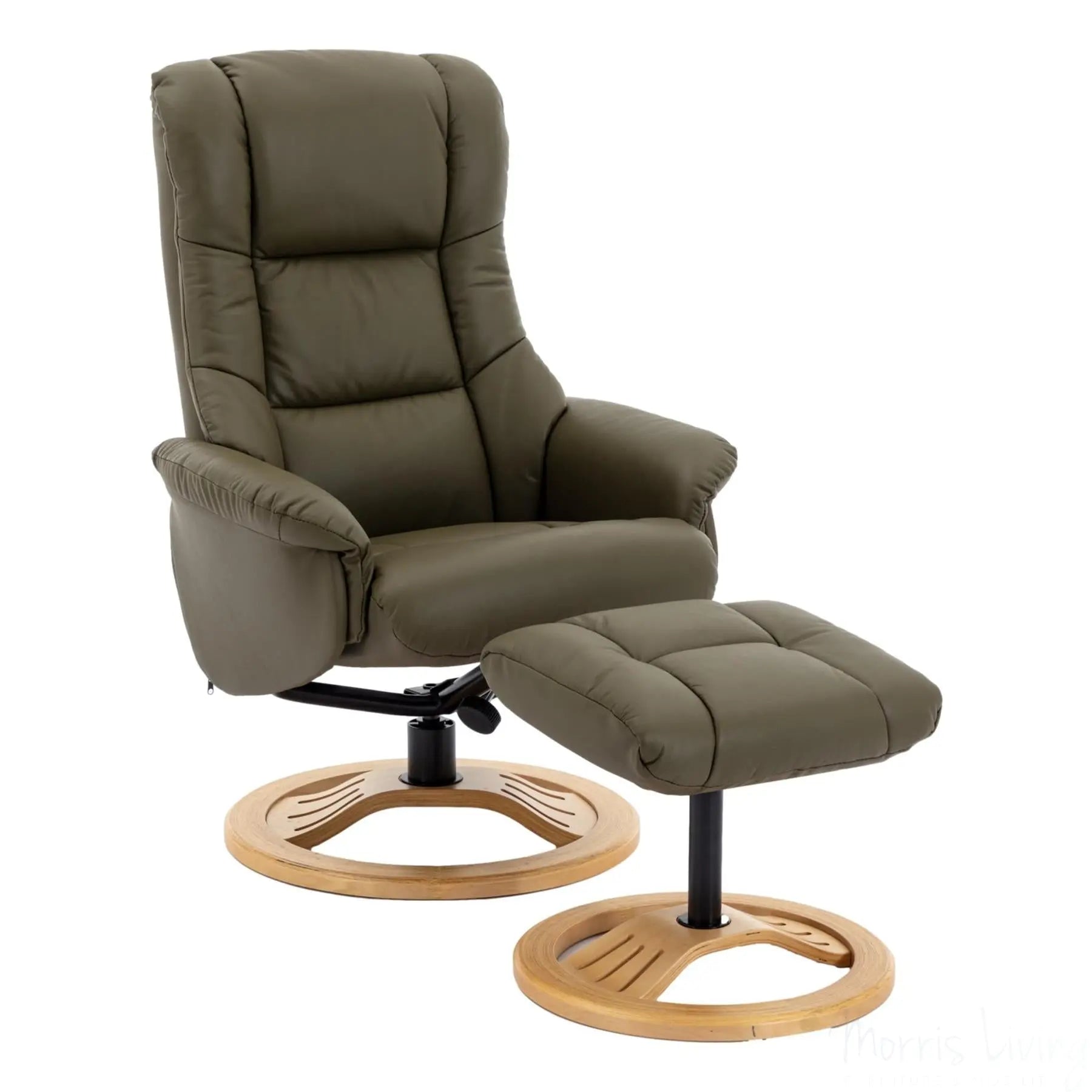 The Mandalay Swivel Recliner Chair & Footstool in Olive Green Genuine Leather Morris Living