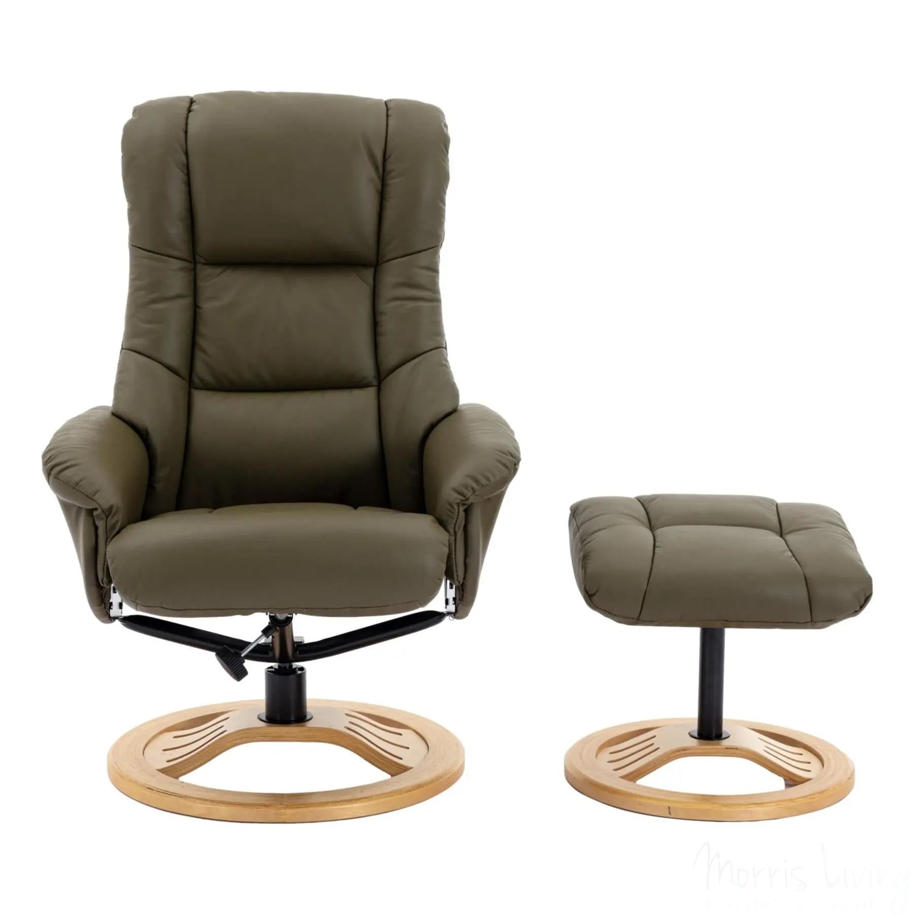 The Mandalay Swivel Recliner Chair & Footstool in Olive Green Genuine Leather Morris Living